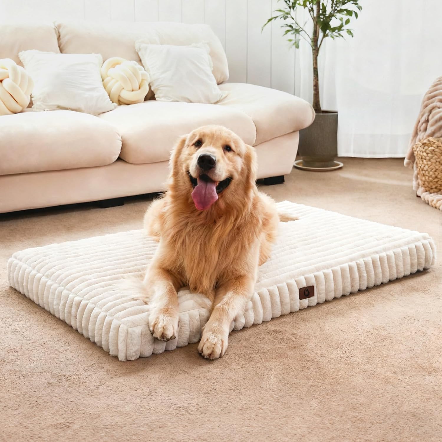 Dog Beds for Large Sized Dog, Orthopedic Pet Bed with Waterproof Lining, Soft Short Plush Surface & Egg Crate Foam, Machine Washable Pet Bed with Removable Cover & Anti Slip Bottom L(36"*27"*3") Cream