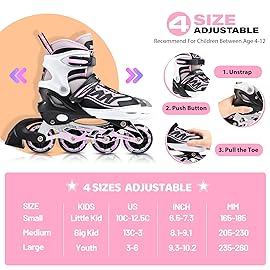 2PM SPORTS Cytia Pink Girls Adjustable Illuminating Inline Skates with Light up Wheels, Fun Flashing Beginner Roller Skates for Kids (Pink, Large - Youth (3-6 US))