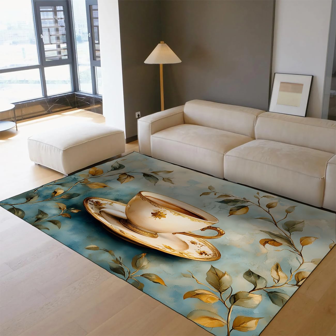 Klasyczny dywan z nadrukiem liści roślin, obrus wewnętrzny z niskim runem na sofę, do jadalni, kuchni, elegancka atmosfera, wystrój mieszkania 100 x 150 cm