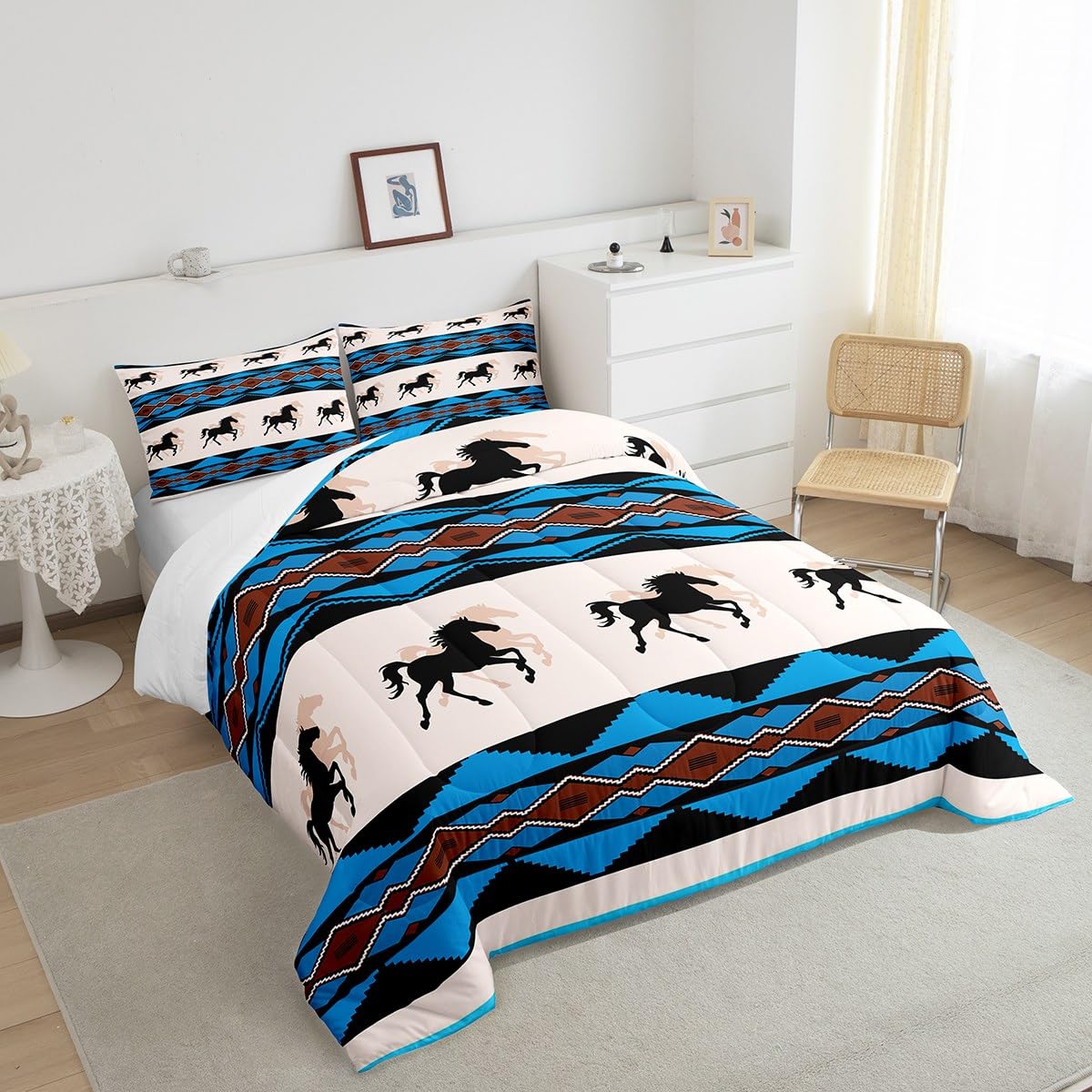 Juego de edredón de caballo, juego de ropa de cama rústico de vaquero occidental, edredón de plumón azteca nativo americano para niños y niñas, decoración de habitación del suroeste, colcha de vida