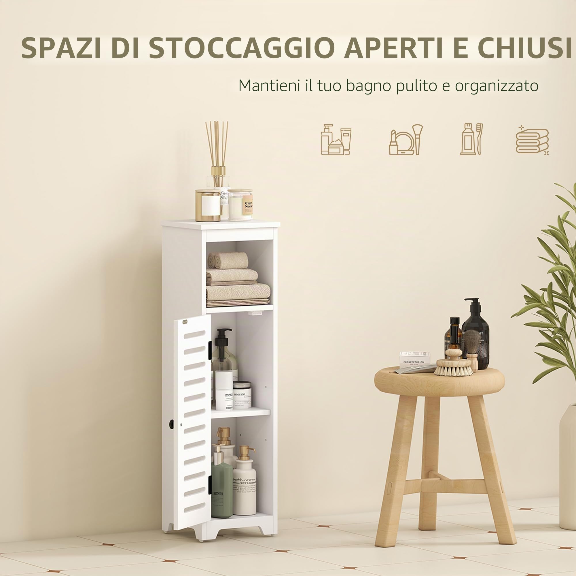 HOMCOM Armadietto bagno sottile porta persiana, ripiano aperto, bianco