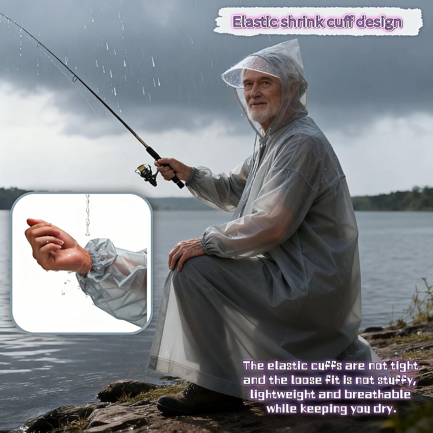 Portable Raincoat with Hood, Gray EVA Waterproof Rain Poncho for Adults, Reusable Travel Rain Coat with Elastic Cuffs and Drawstring, Universal Size