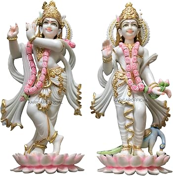 Radha Krishna Statue Standing on Lotus Flowers, Large 24 inches Murti in Gold Leaf Work White Gold Pink Accents Marble Radha Krishna idol, Hindu Divine Couple, Home Temple Wedding Housewarming Gifts