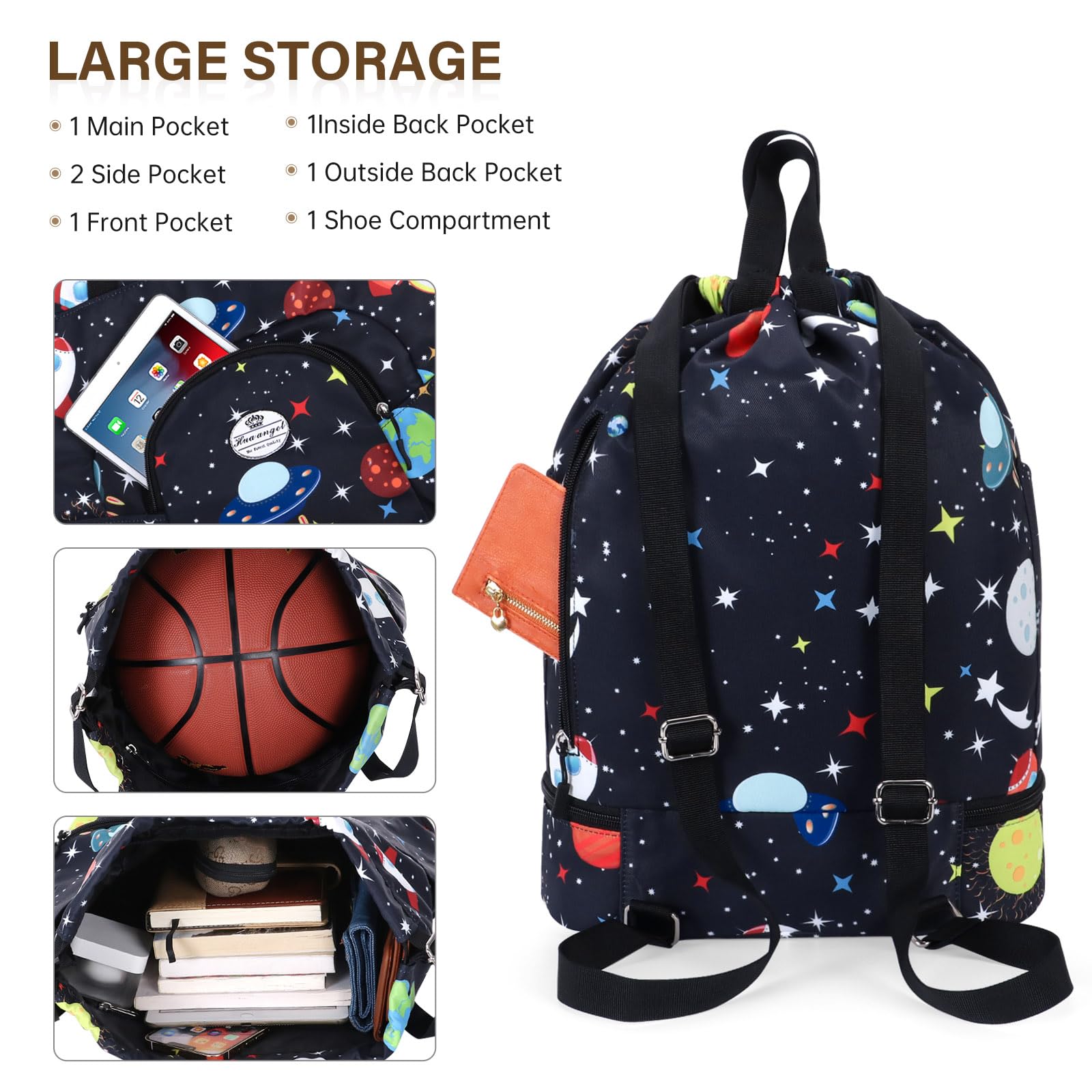 HUA ANGEL Unisex Drawstring Backpack Sports Gym Bag Drawstring Bag Weekend Daypack with Shoe Compartment for Women Men Basketball Football Outdoor Fitness Yoga Swimming Beach - Image 3
