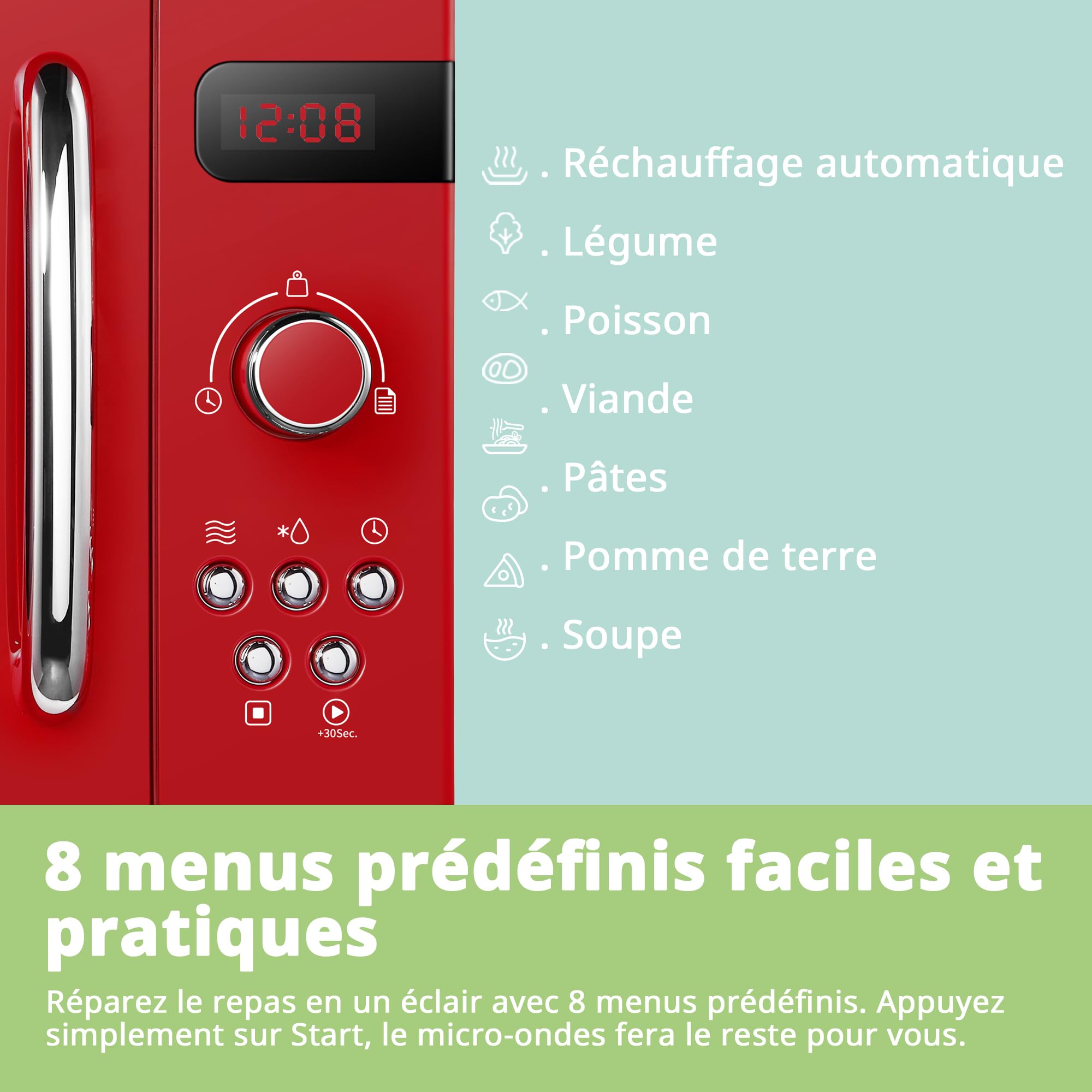 Comfee CMSRO 20 di rd Micro-ondes rétro avec 8 menus automatiques, 5 niveaux de puissance de cuisson, bouton de cuisson express, 20 L, 800 W, rouge passionné
