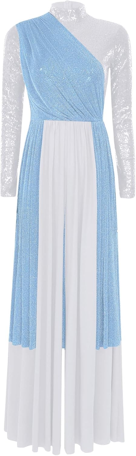 Women's Shiny Sequin Liturgical Praise Dance Costume Long Sleeve Baggy Jumpsuit Rompers