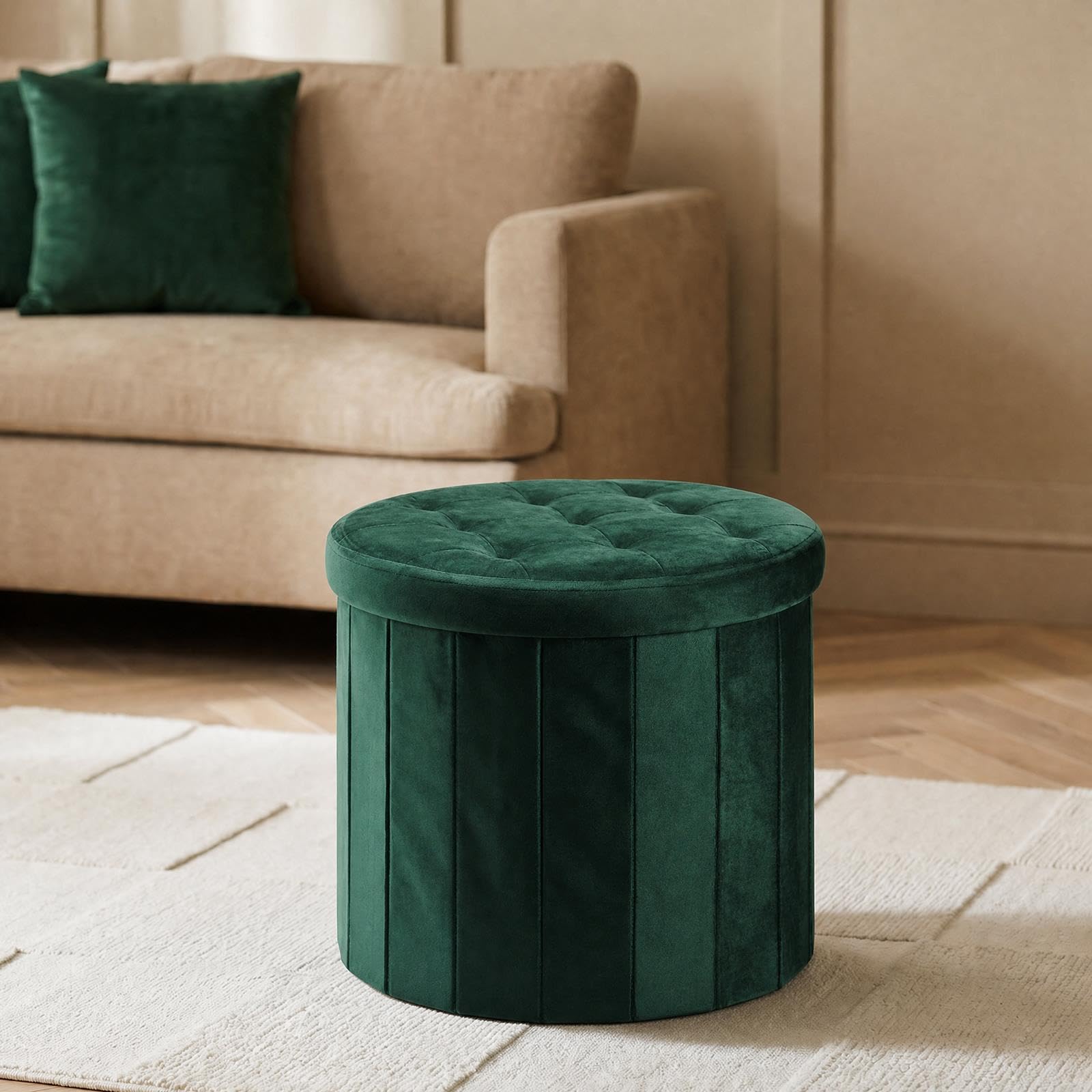 OHS Ottoman Storage Box Round Matte Velvet Folding with Lid, Woodland Green