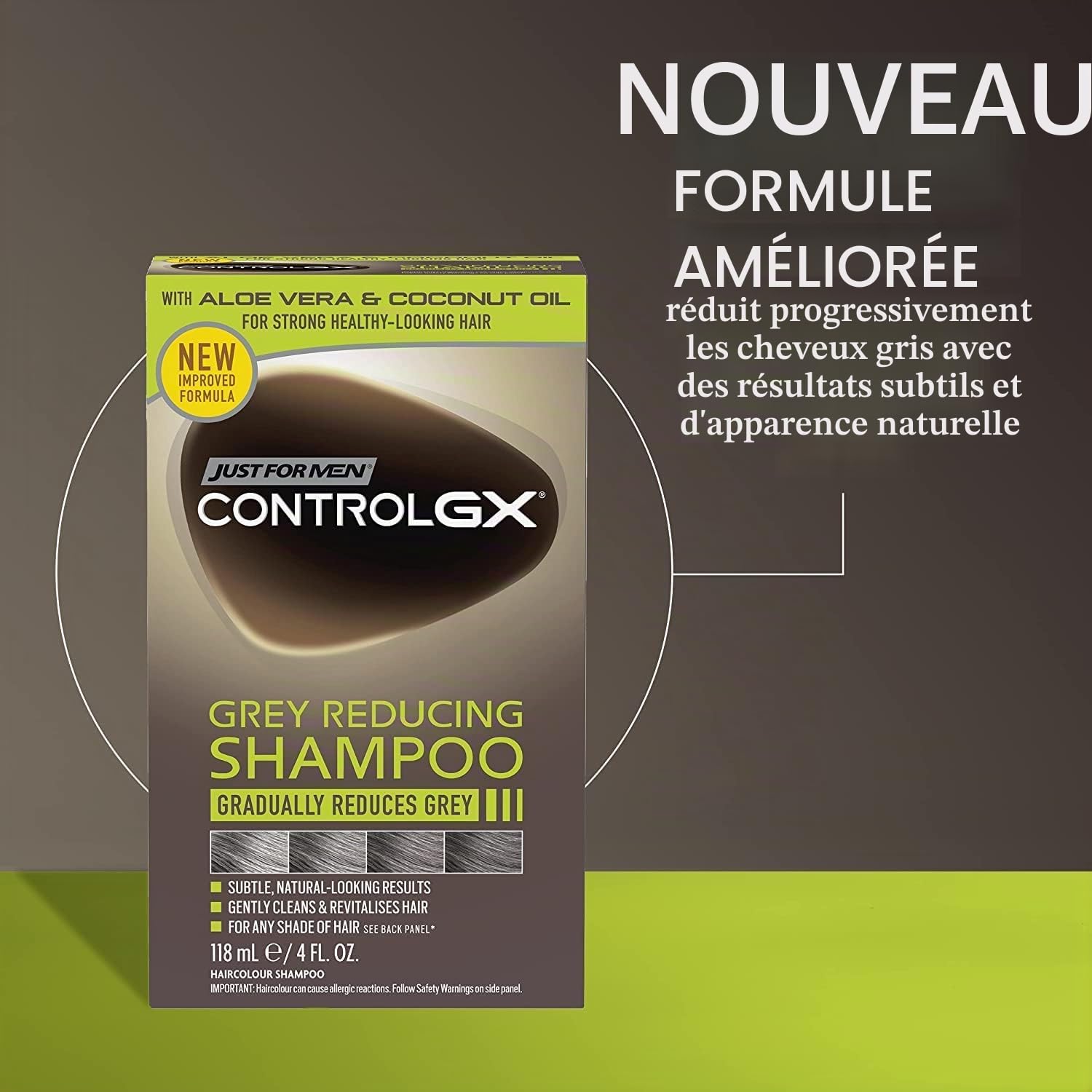 Just For Men Control GX - Shampooing Réducteur de Gris pour cheveux gris, à l'huile de coco et à l'aloe vera, nouvelle formule améliorée, toutes les nuances, 118 ml x 3 unités + Pack Promoo