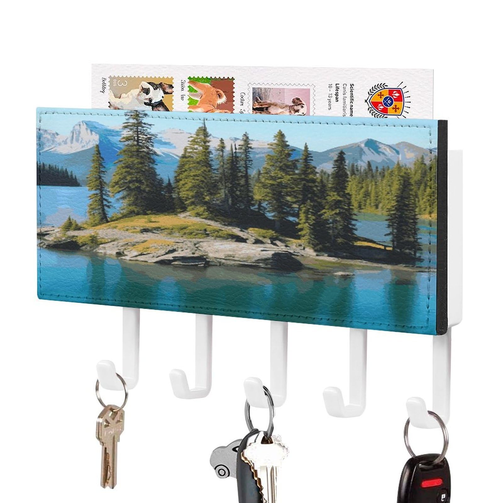 LDGSUPH Spirit Island in Lake Key Holder Wall Mount Key Hanger with 5 Hooks Fashion Key Organizer Rack Hanging Key Hooks with Mail Organizer Key Rack for Home Entryway Hallway White-Style