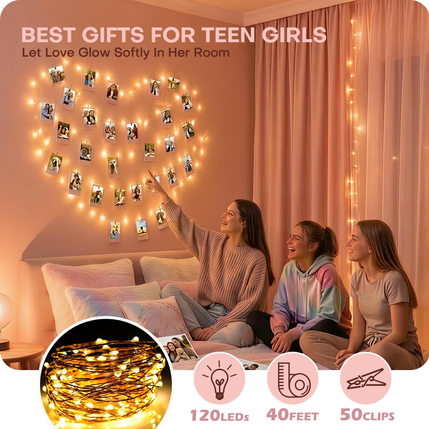 Condition photo showing Good Condition for Teen Girl Gifts Trendy Stuff: Aesthetic 40Ft 120LED Hanging Picture Fairy Lights with 50 Clips - 8 Modes & Timer, Waterproof - Trendy Teenager Girl Gift for Birthday Christmas, Dorm Bedroom Wall Decor