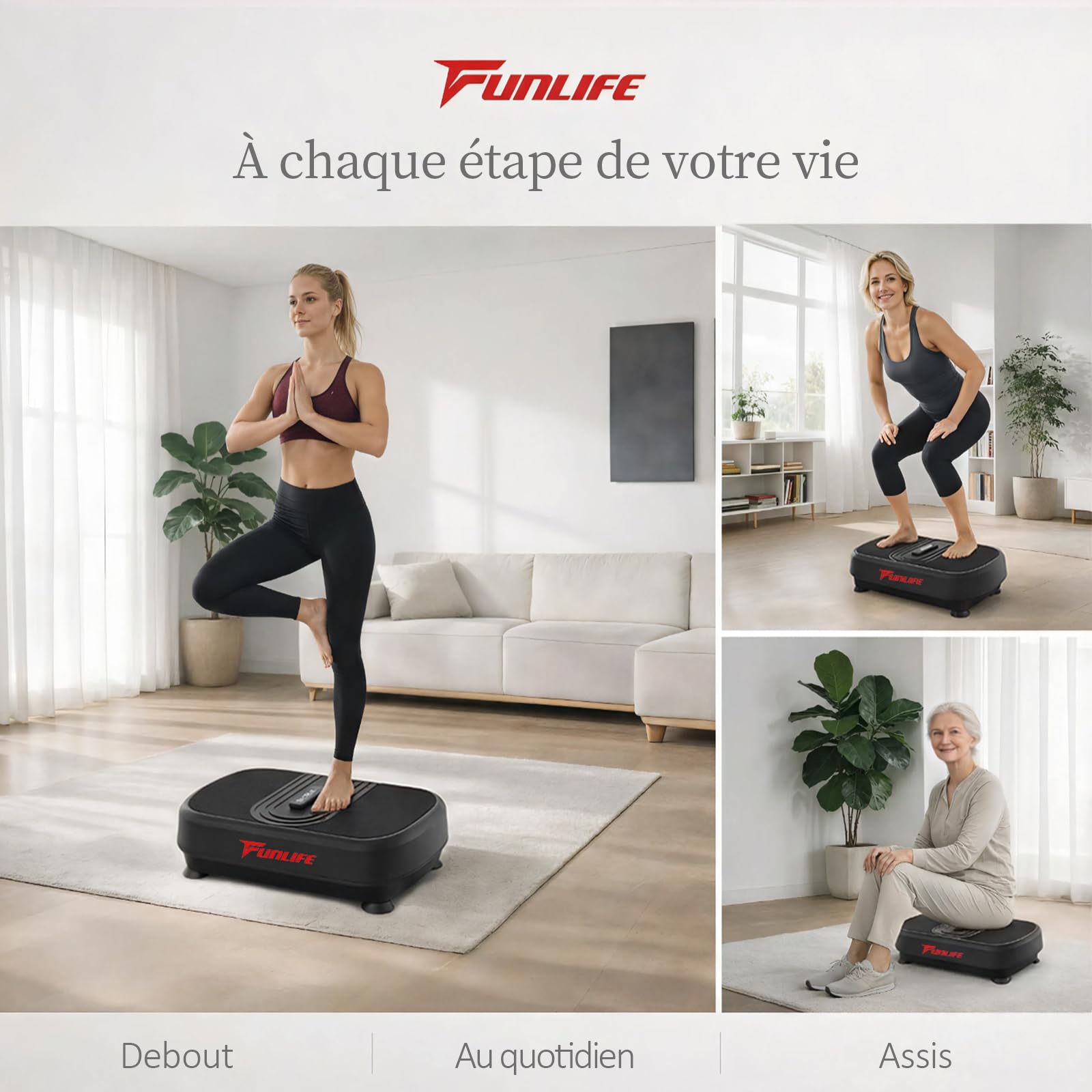Funlife Plaque vibrante 120 kg, 180 niveaux, 5 programmes et manuel, Bluetooth et haut-parleur, plaque de fitness avec cordes d'entraînement pour l'entraînement de tout le corps