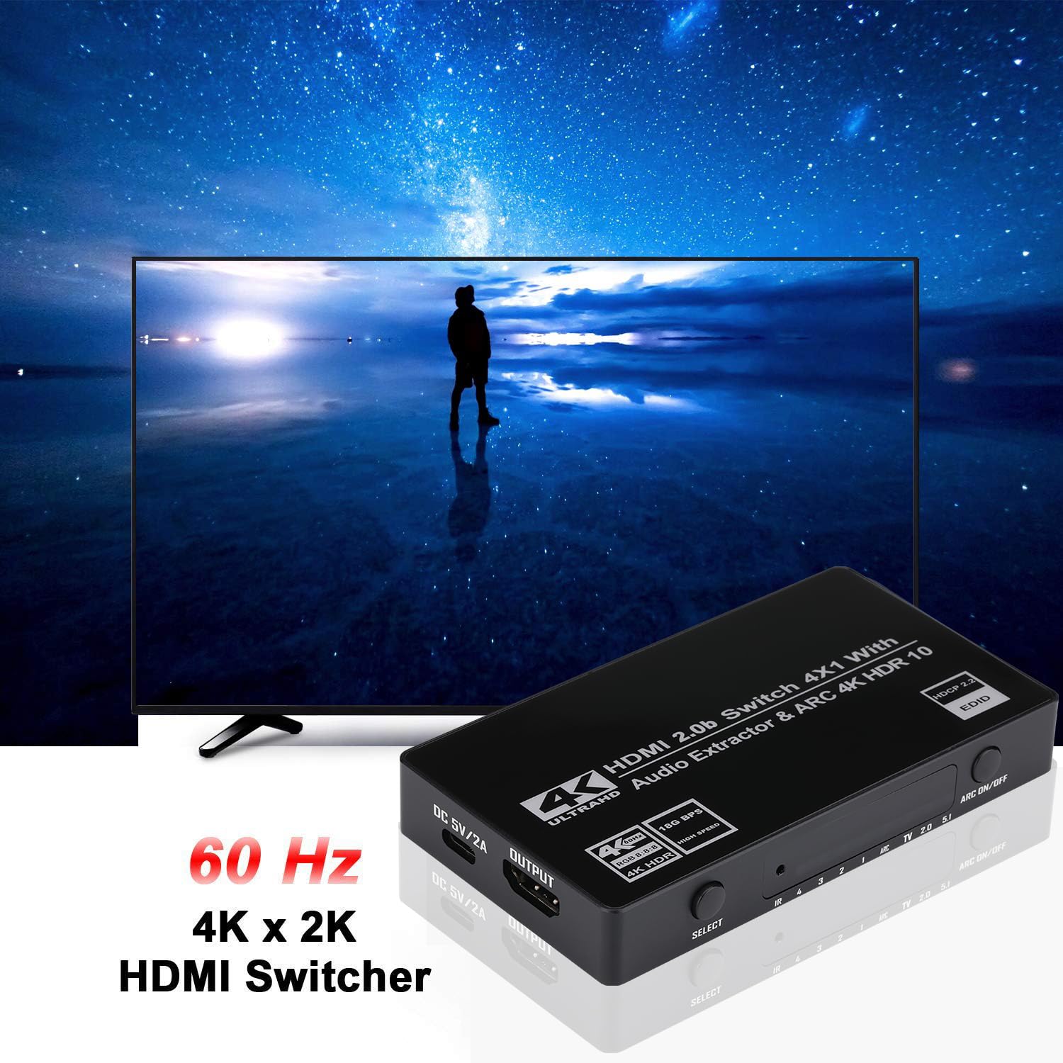 HDMI Switch 4x1 with Audio Extractor, 4K@60Hz Ultra HD HDMI Switcher with Optical TOSLINK SPDIF, 3.5mm Audio Support Arc Function, 3D, 1080P @120Hz, 4Kx2k @60Hz HDTV (IR Wireless Remote Control)
