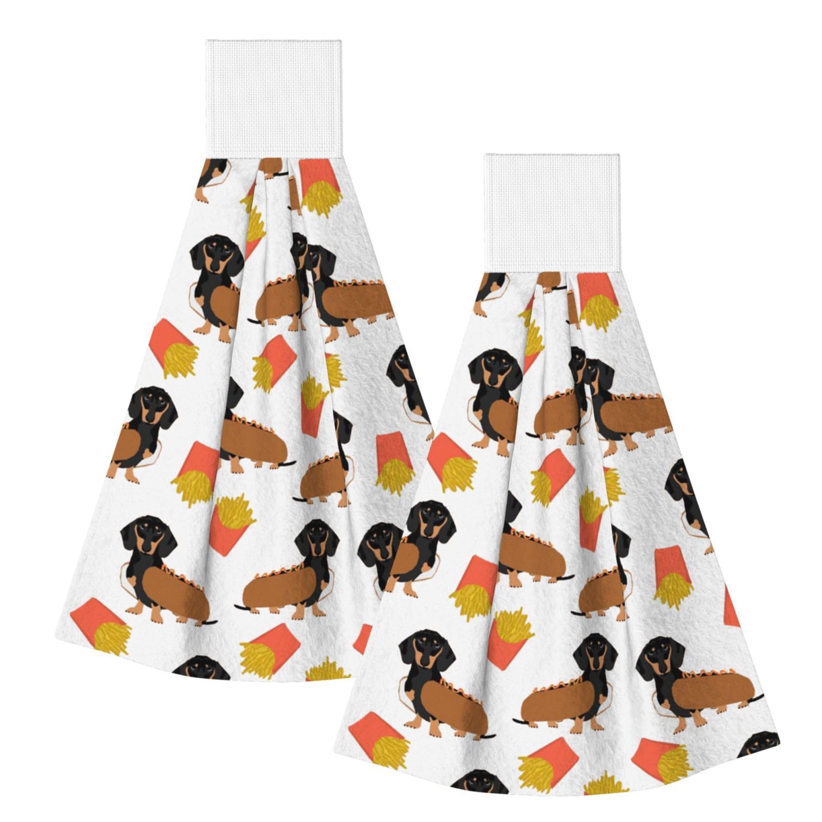 DOPKLNA Dachshund Hot Dog And Fries Cute Funny Food, 2 Pcs Hanging Coral Fiber Hand Towels for Bathroom, Absorbent Kitchen Towels