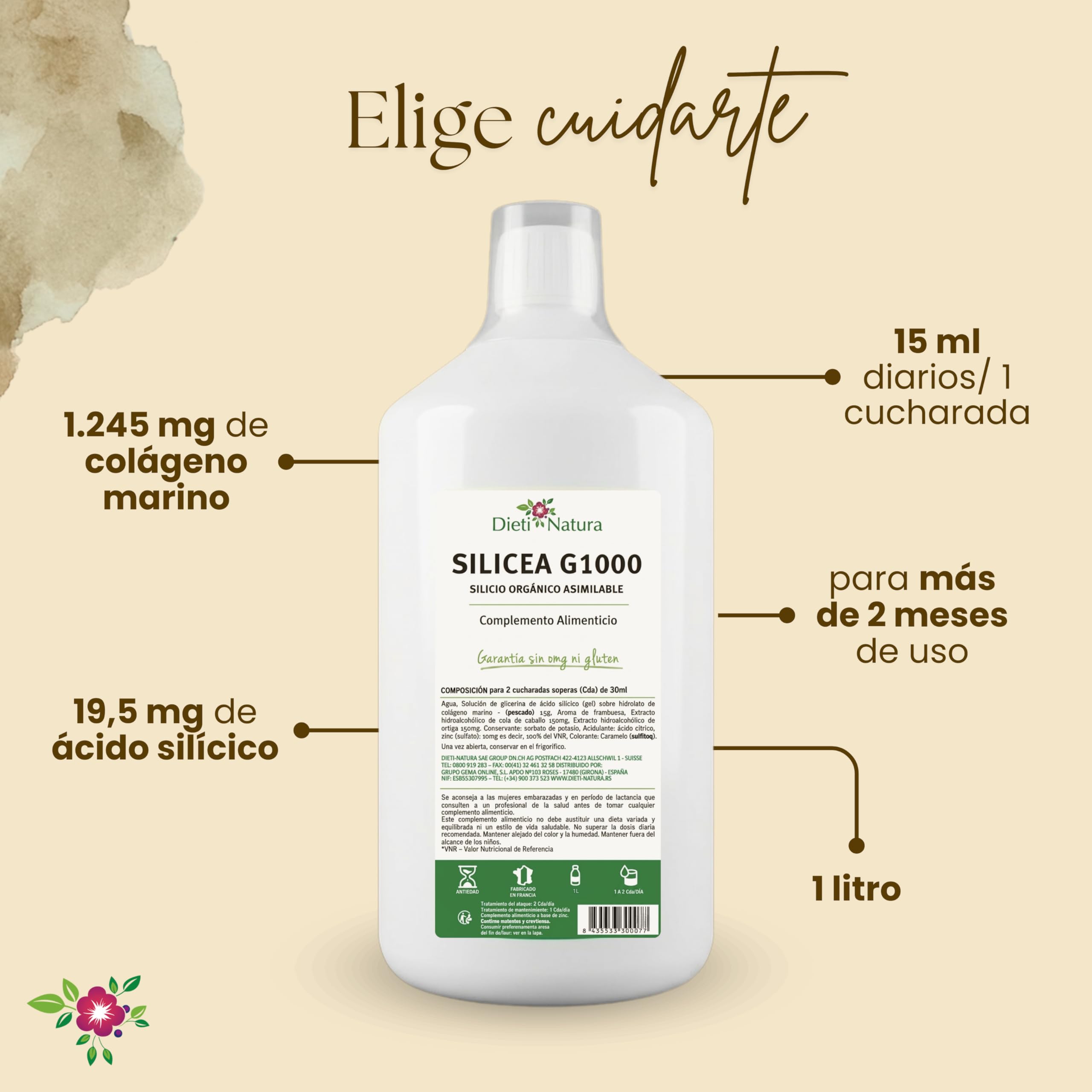 Dieti Natura Silicea G1000 1L Sabor Frambuesa para Articulaciones y Colágeno - Silicio Orgánico Bebible Alta Absorción para Huesos, Cartílago y Piel - Silicio Orgánico 100% Asimilable