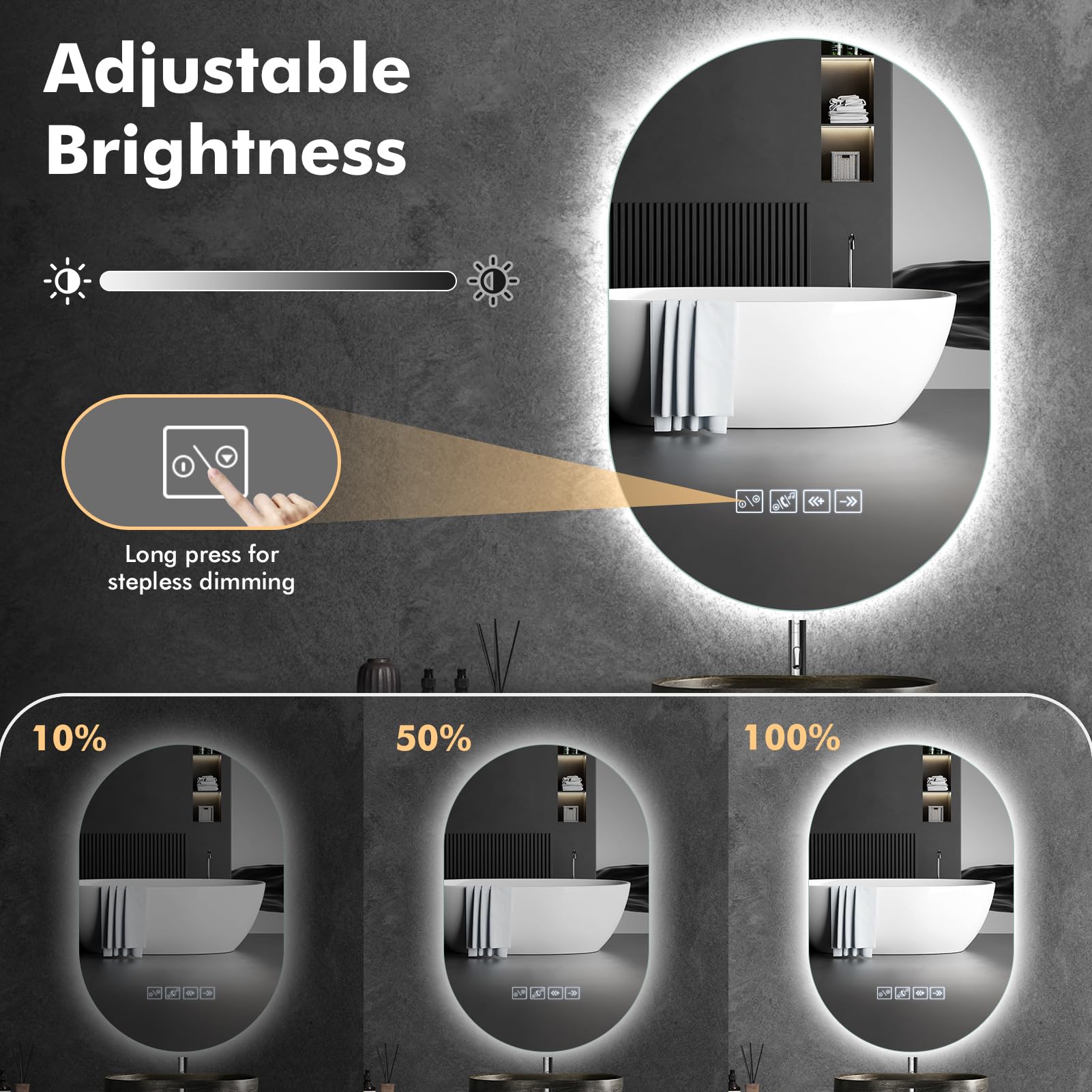 Specchio Bagno con Luce, Ovale 75x50cm Specchio Retroilluminato Bagno Specchio Smart, Antiappanamento Tasto a se, Funzione memoria Dimmerabile con musica Bluetooth Orizzontale o Verticale