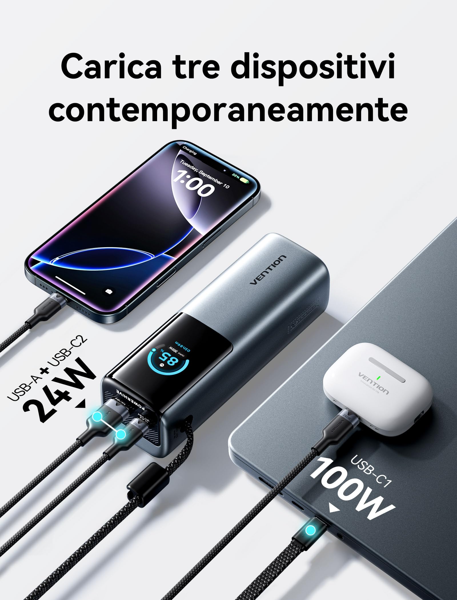 VENTION 27000mAh Laptop Powerbank 200W Ricarica Rapida Display Digital & Emoji Animation, Cavo USB-C integrato, 2 x USB-C + USB-A, per iPhone 17/16/15/14/13 Pro Max, MacBook, Dell, HP, Galaxy S24