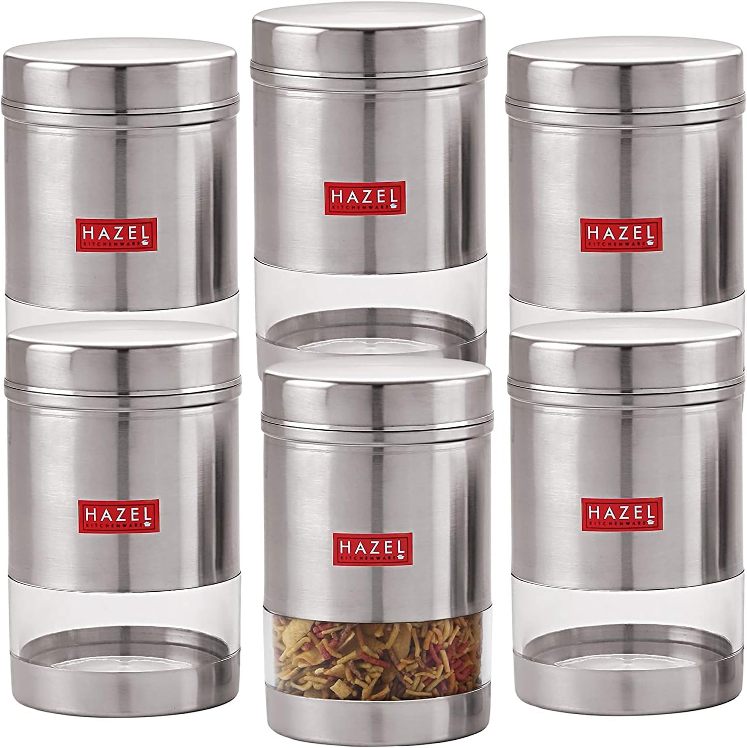 HAZEL Stainless Steel Kitchen Container | 600 ml Each Transparent Kitchen Container Set with Matt Finish | Multipurpose Storage Box for Kitchen, Set of 6