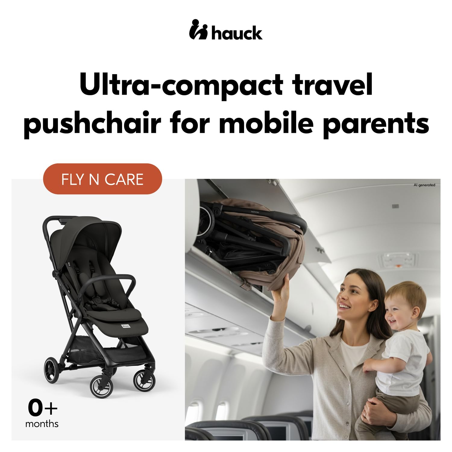 Hauck Fly N Care, Black - Ultra Compact & Light Travel Pushchair (7.5kg) with One Hand Fold, Carry Strap & Bag, Seat Liner, Car Seat Adapter, UPF 50+ Sun Canopy, Fully Reclining from Birth to 22 kg — view 2