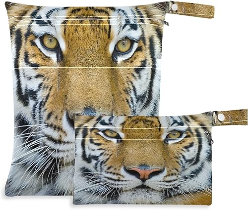 visesunny Tiger - 2 bolsas húmedas con bolsillos con cremallera, lavable, reutilizable, espaciosa para viajes, playa, piscina, guardería, cochecito,