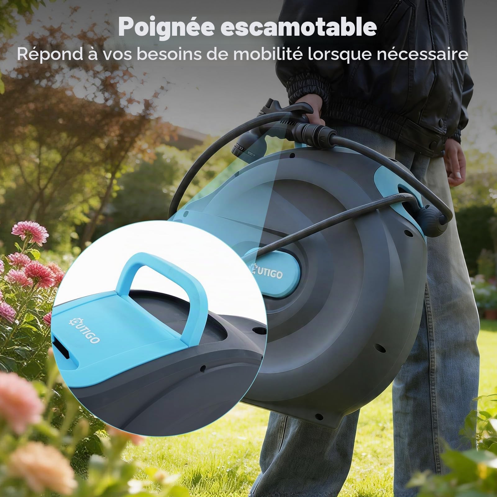OUTIGO Enrouleur Tuyau Arrosage Mural 35m, Rembobinage Auto avec Verrou et Support Pivotant 180°, Dévidoir de Tuyaux d'Eau avec Buse à 8 Modèles pour Arroser le Jardin et Nettoyer la Voiture