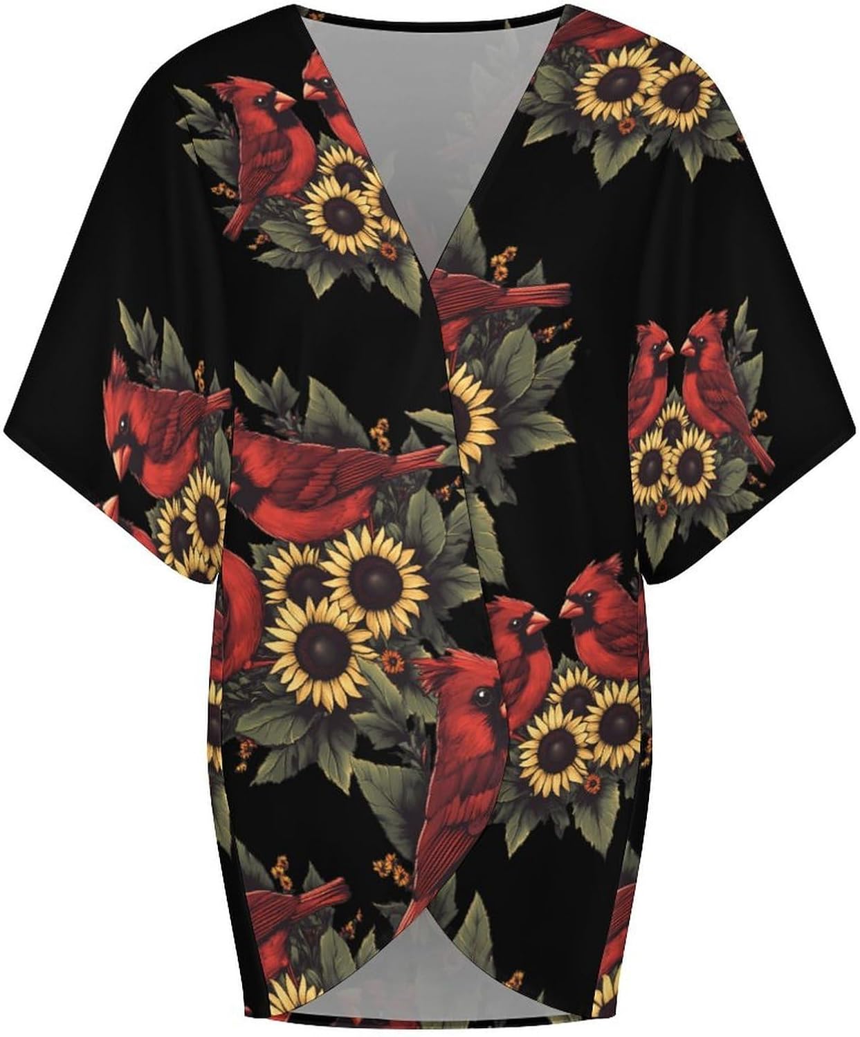 Cardinal Bird Sunflower Floral Women's Open Front Cardigan Short Sleeves Jacket Lightweight Sweaters Tops