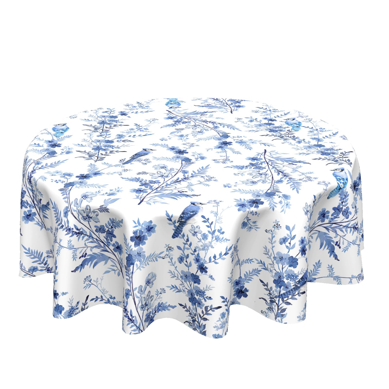 Blue Floral Round Tablecloth 60 Inch Chinoiserie Flowers Table Cloth Round Vintage Farmhouse Tablecloth Spring Blue White Floral Washable Round Table