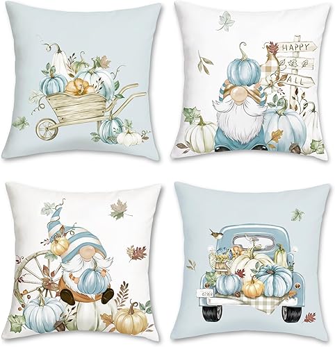 Miniatura 7 de Bonhause Juego de 4 fundas de almohada de otoño de 18 x 18 pulgadas, diseño de calabazas color beige y azul, para sofá, decoración de otoño