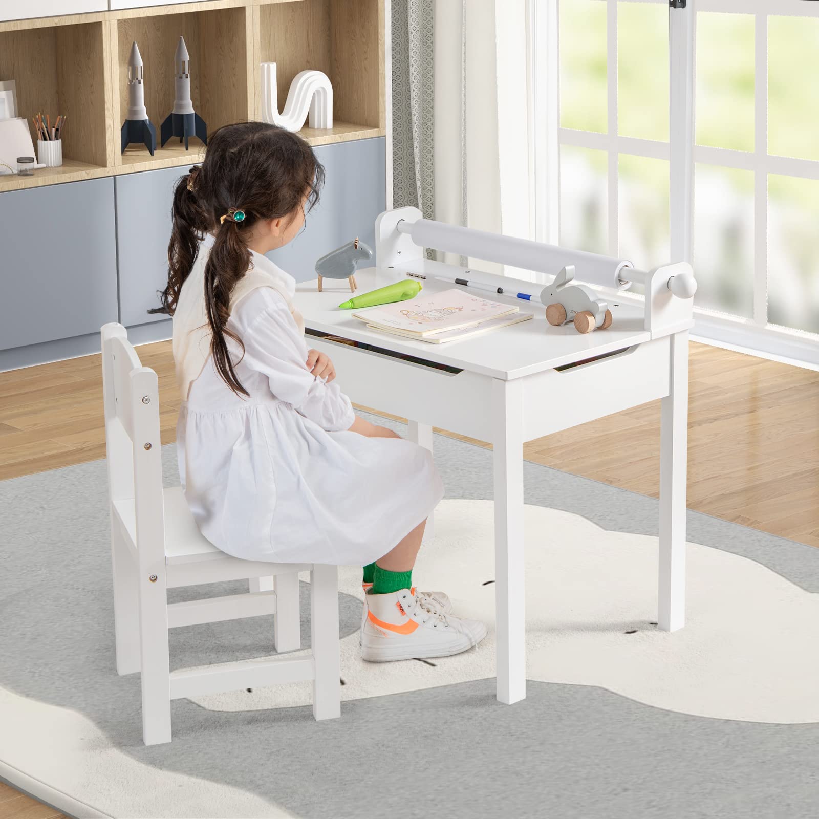 COSTWAY Juego de Mesa y Silla Infantil de Madera, Mesa de Actividades para Niños con Silla, Escritorio Infantil con Soporte para Rollo de Papel para Dibujar, Estudiar y Jugar (Blanco)