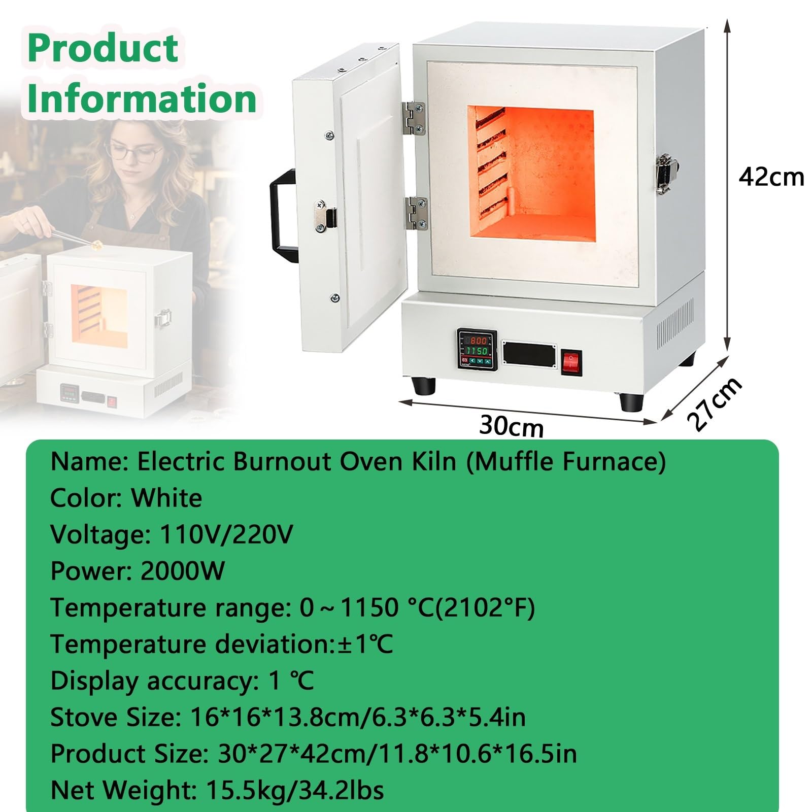 Piec elektryczny 2000 W cyfrowa inteligentna kontrola temperatury 1150℃ zrównoważony piec grzewczy do ceramiki, ceramiki, szkła, klejenia wosku, biżuterii dentystycznej i projektów wytapiania metalu