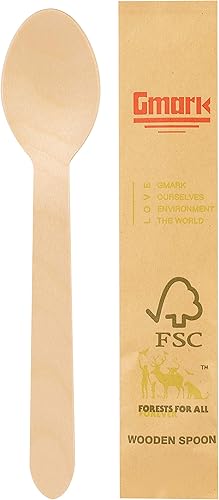 Miniatura 3 de Gmark Cucharas de madera desechables envueltas en papel, paquete de 100 cucharas de 6.5 pulgadas, 100% naturales, ecológicas, biodegradables y