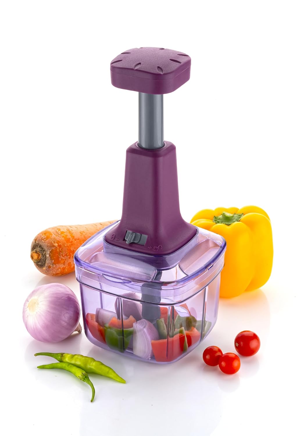 HAPPI Manual Push Chopper 900ml Steel Blade Hand Press Vegetables Chopper Kitchen for Cutting Salad, Onion, Chilly Mixer (Purple)