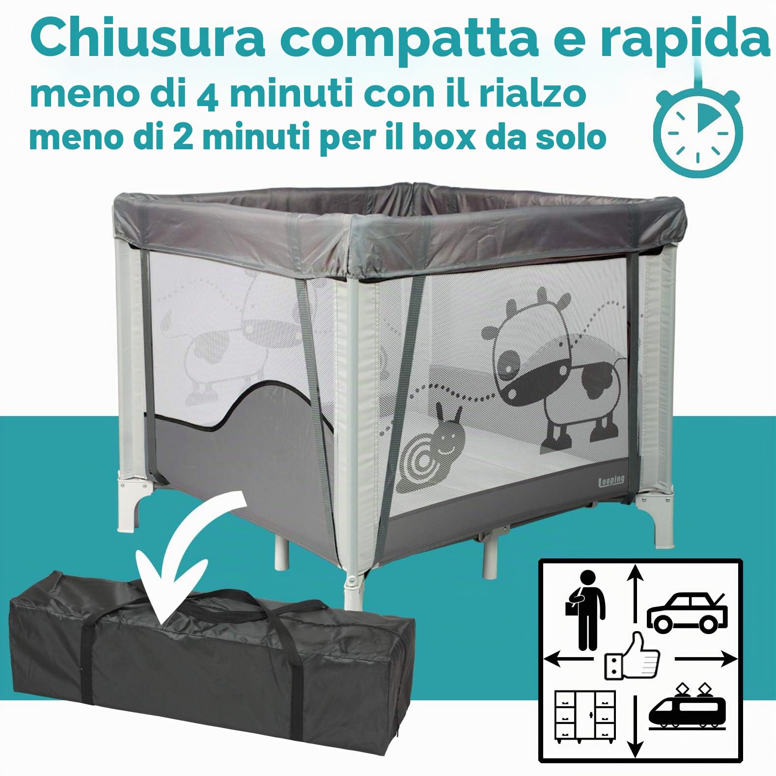 Looping - Parco per bambini pieghevole 90 x 90 cm Black Emotion | Con Alzatore e Regolabile su 2 livelli, Borsa per il trasporto inclusa | Per neonati e bambini fino a 15 kg
