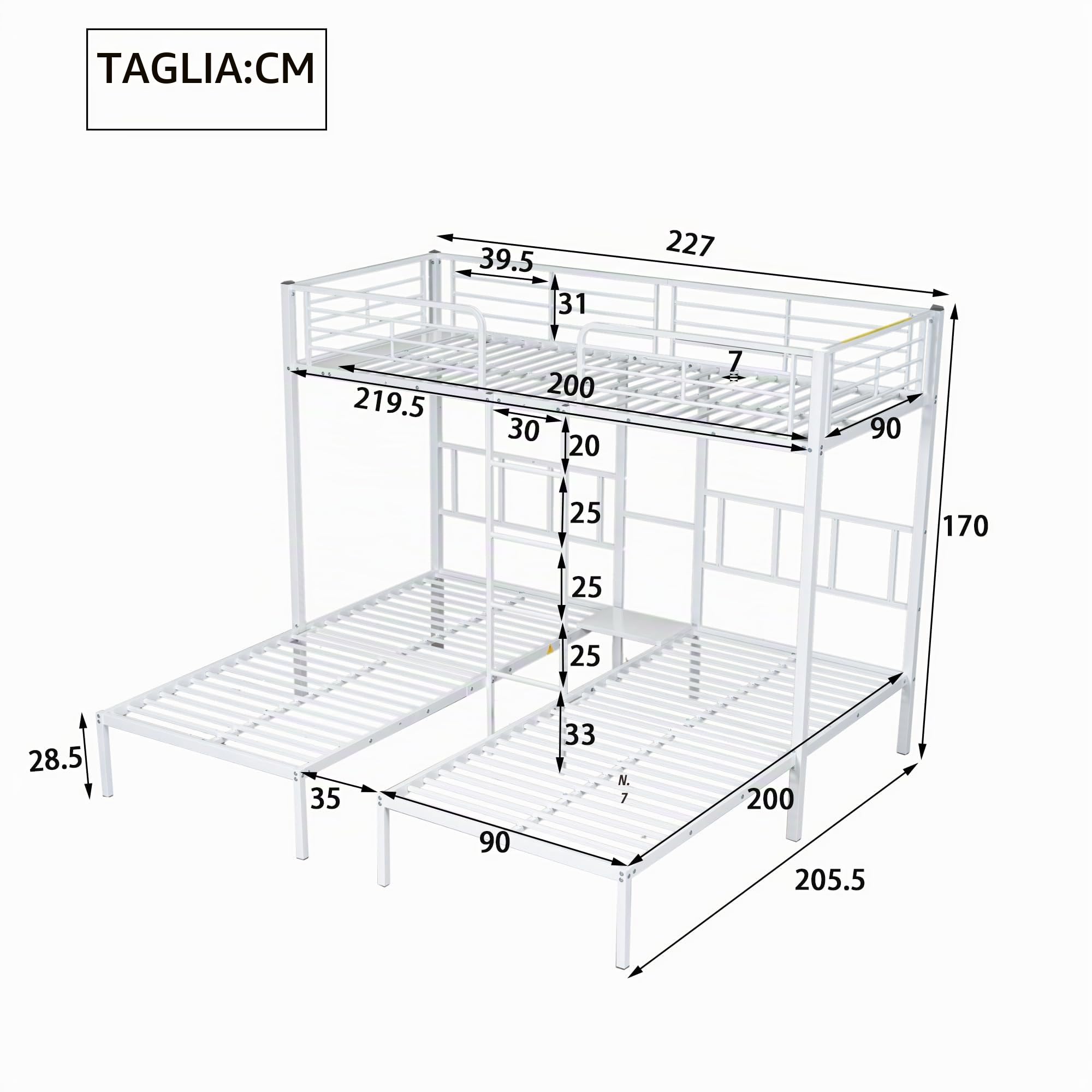 Soweiz Letto tripla a castello con scala per bambini e ragazzi, letto in ferro con griglia e tavolo (90 x 200 cmx3) (bianco)