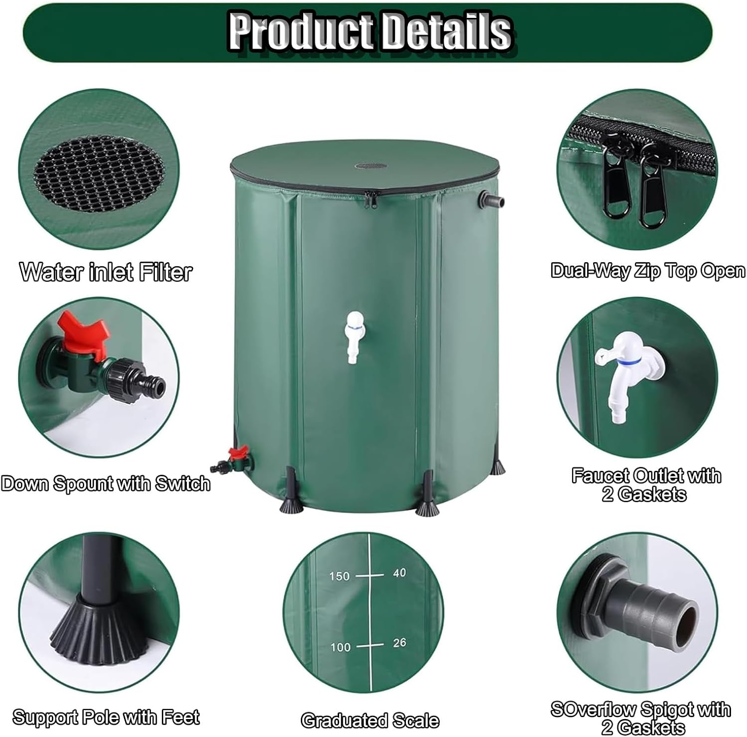 Rainwater Collection Bucket Foldable,PVC Coating Garden Rainwater Collection，Barrels Rain Catcher from Gutter，Folding Rain Barrel Water Collector，for Garden/Outside/Lawn(Black,500L)