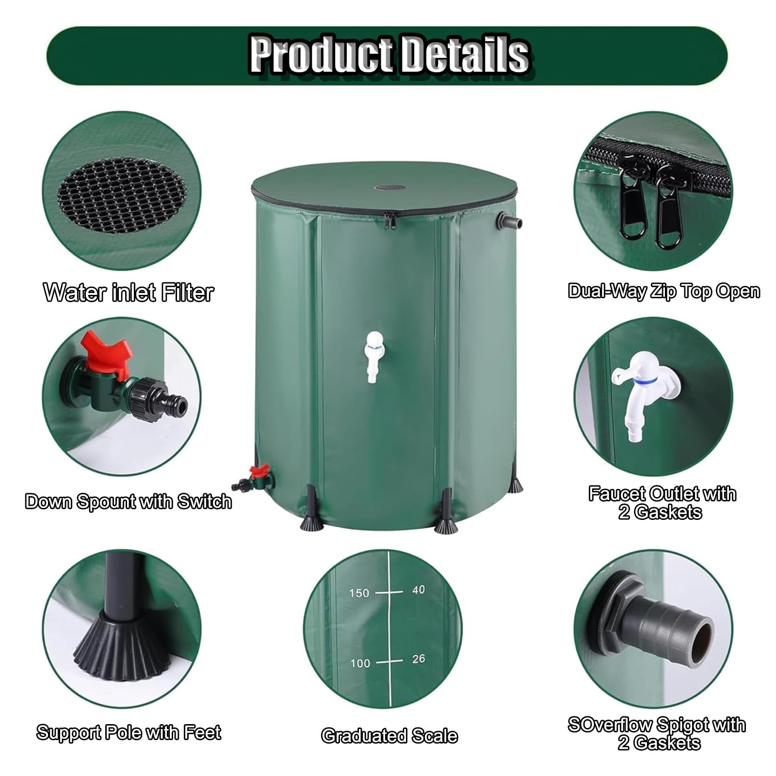 Depósito de recogida de agua de lluvia, Colector De Agua Lluvia for Canalones Multicolor 50L-1350L(Noir,200L)
