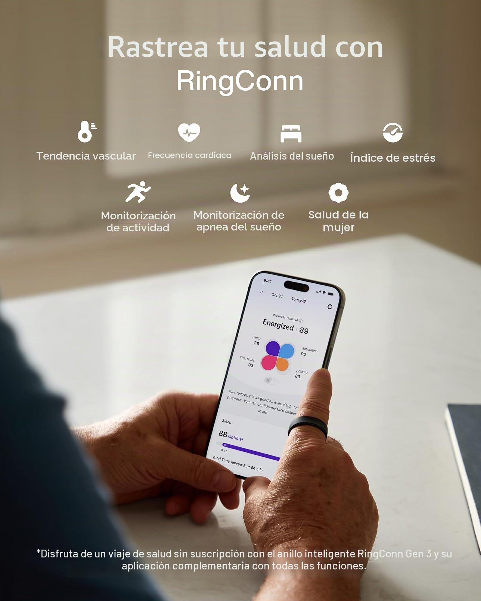 RingConn Gen 3, Primer Anillo Inteligente del Mundo con Tendencias Vasculares, Sin Suscripción, Alertas por Vibración, Sueño, Fitness, Frecuencia Cardíaca, 14 Días de Batería(10, Negro Mate)