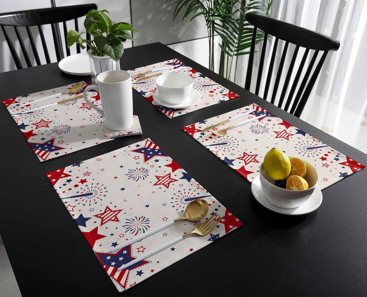 Cotton Linen Red White and Blue Stars Placemat 4th of July Placemats Set of 6, Red Blue Stars Firework Non-Slip Table Mats for Dining Table,13x19 Inch Heat Insulation Patriotic Place Mats