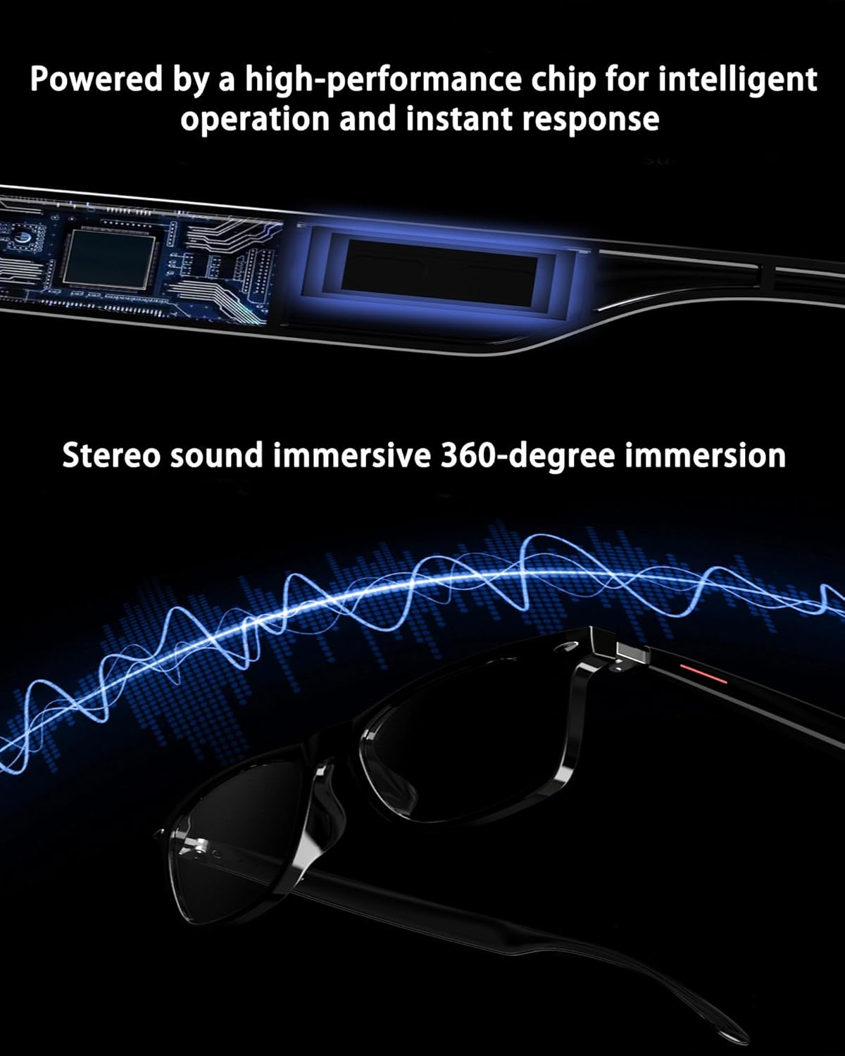 Smart Glasses, Bluetooth Glasses with Auto On/Off, Open-Ear Audio, Voice Assistant, Unisex Design for Men and Women