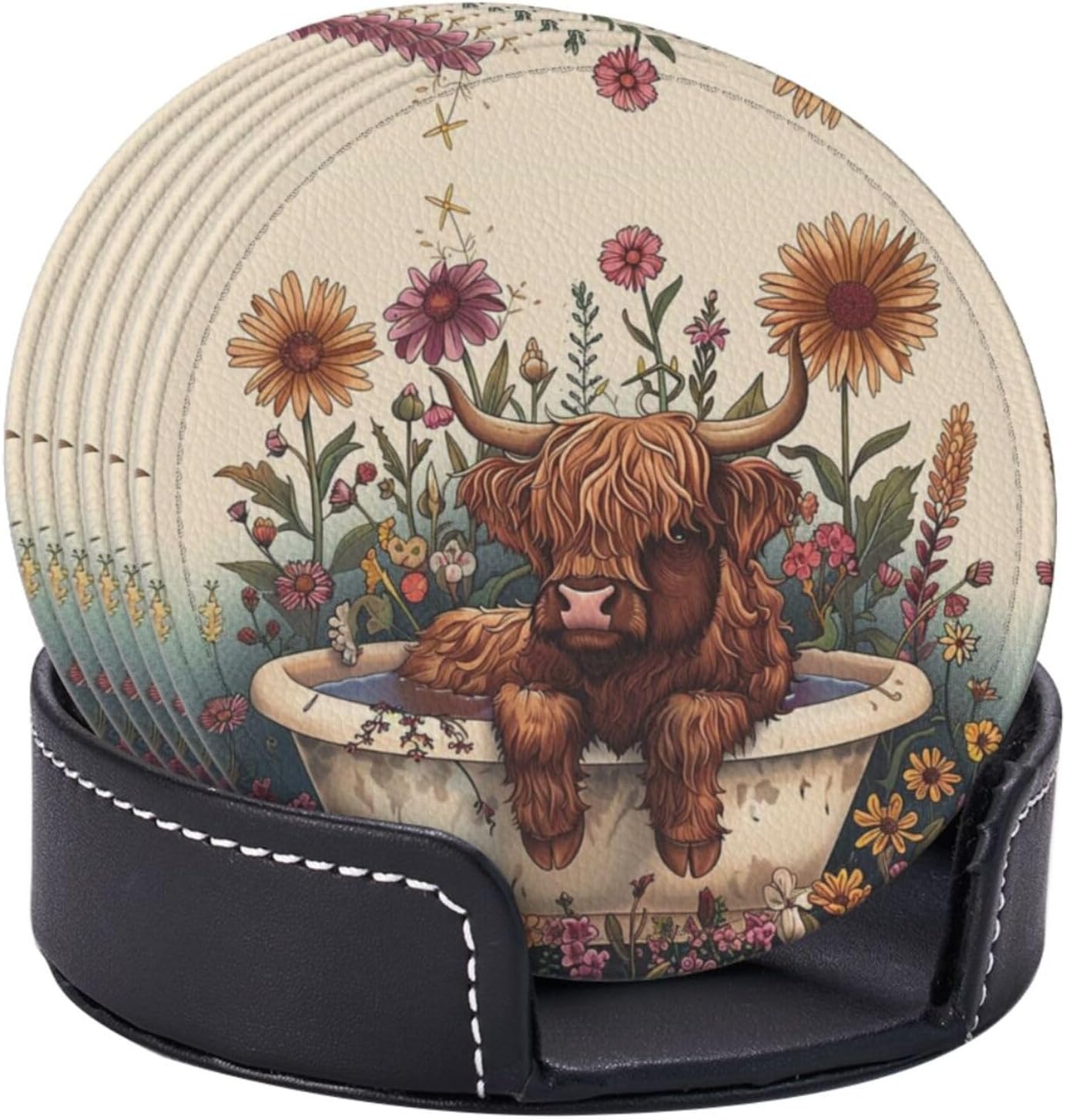 6 Pcs A Cute Scottish Highland Cow Leather Coasters for Drinks with Holder Round Mug Mat Table Desk Coasters Set Cup Coasters for Living Room Kitchen Coffee Decor