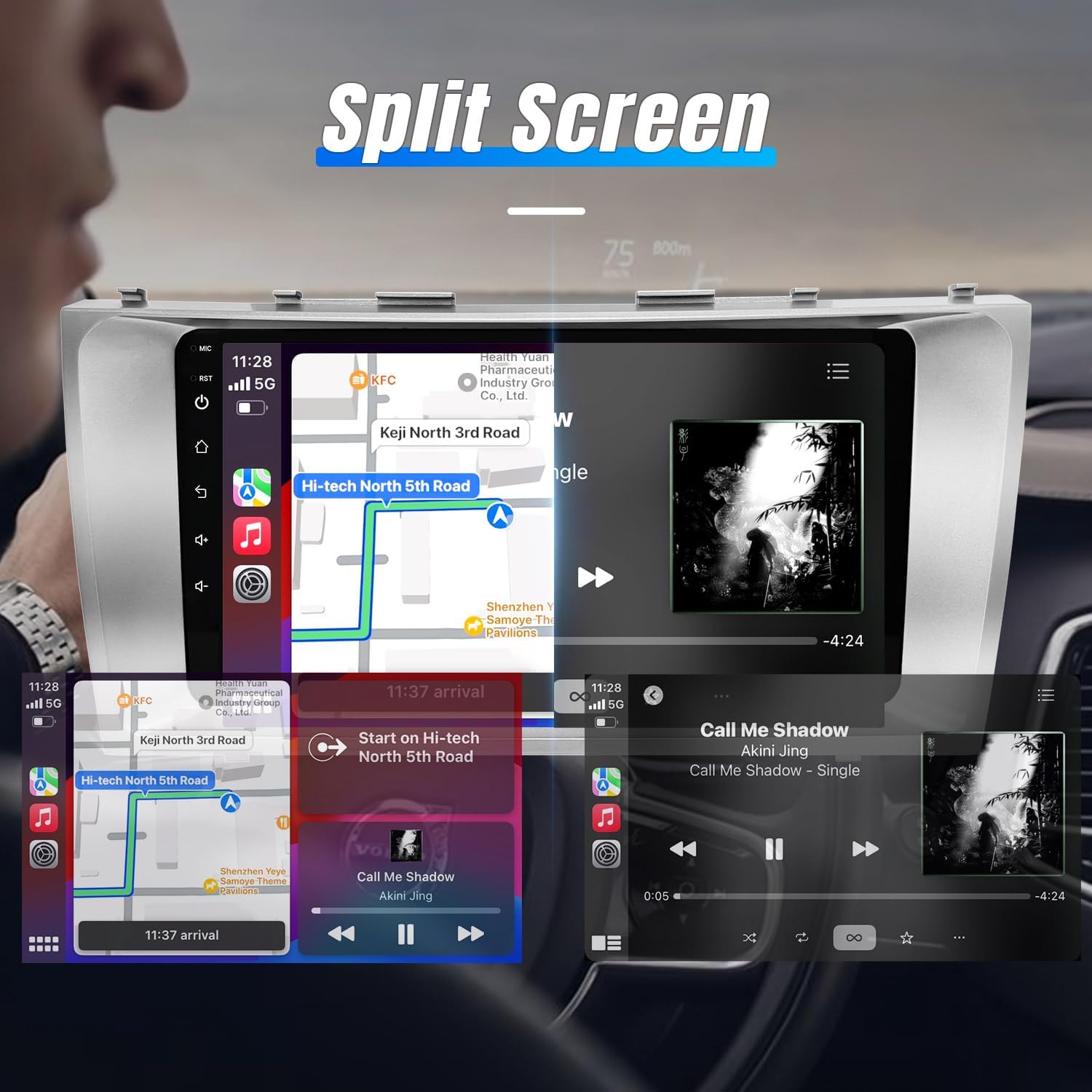 Leadfan car radio displaying split screen with navigation and music player