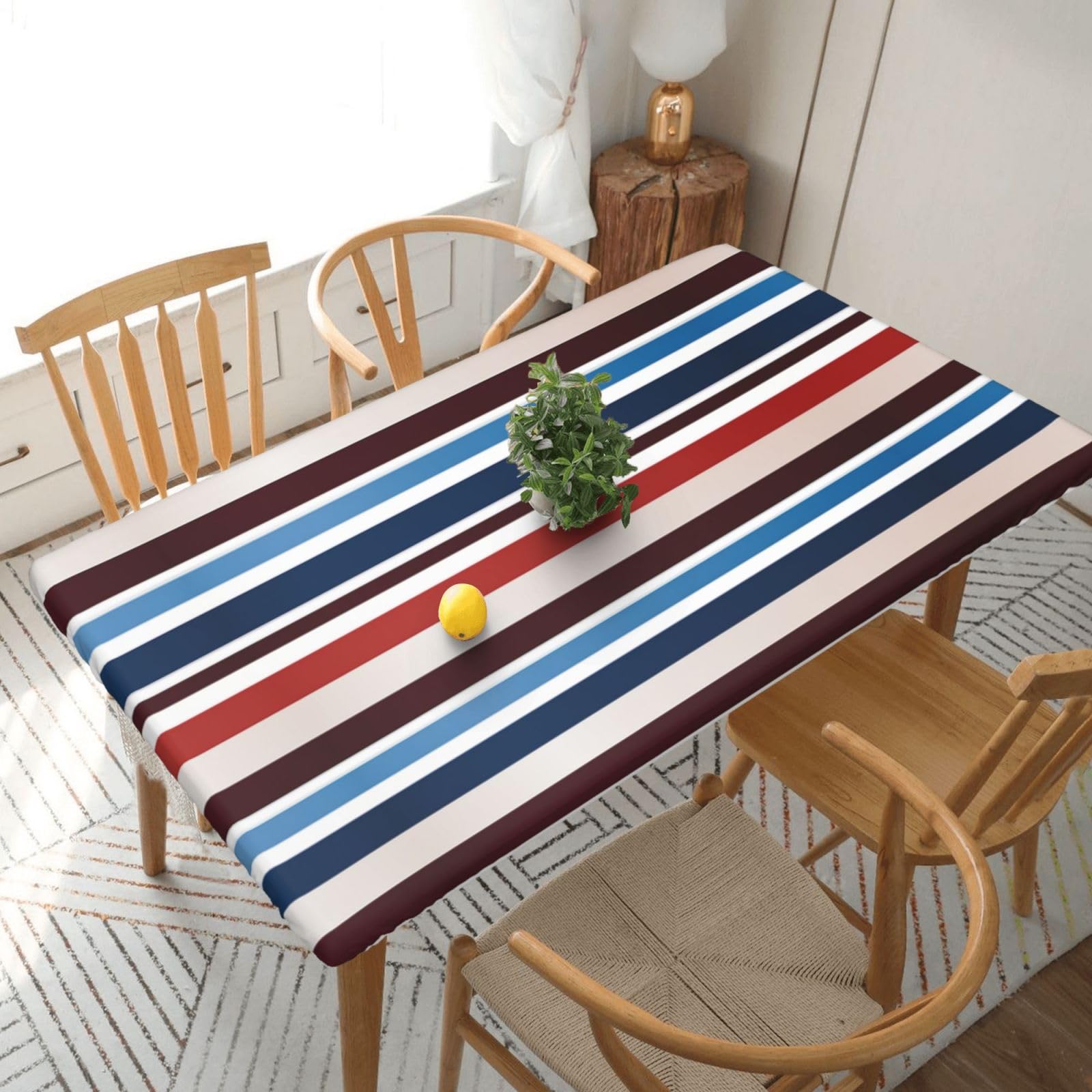 Xzeit Red Blue White Gray Stripes Rectangle Tablecloth Elastic Fitted Table Covers for 5 Ft Tables Stretch Table Cloths Outdoor Waterproof Table Cloth Cover for Picnic Camping Indoor Outdoor 30