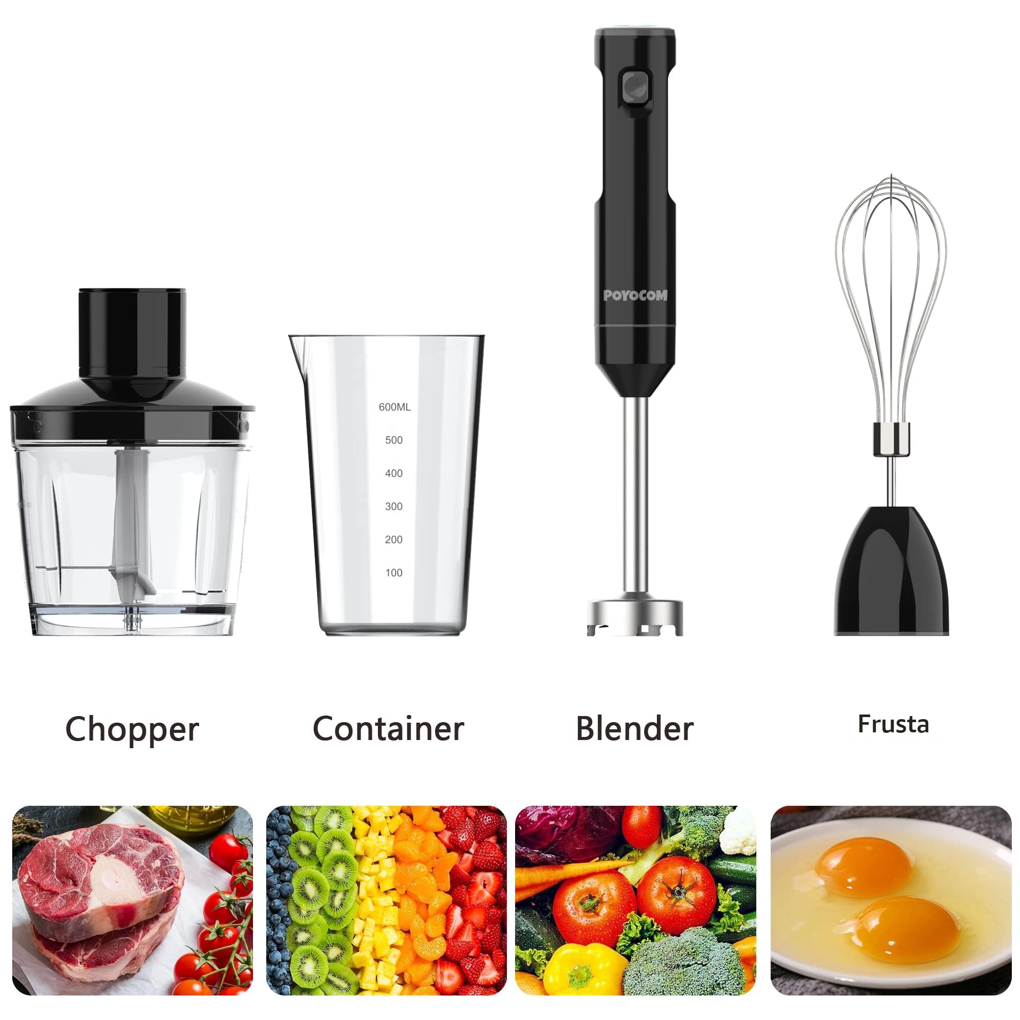 Frullatore a immersione senza fili con tritatutto per frullati e zuppe | Motore senza spazzole, Ricaricabile tramite USB-C, Lunga durata, Tritatutto da 500 ml, Recipiente da 600 ml, Frusta per uova