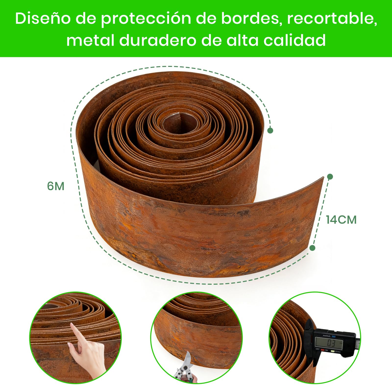Bordura Acero Corten 12m x 14cm, Borduras Jardín Metálica, con Pátina de Óxido, Incluye 1 Par de Guantes, para Parterres de Flores y Caminos de Patio (Superficie Plana, 6M x 14CM)