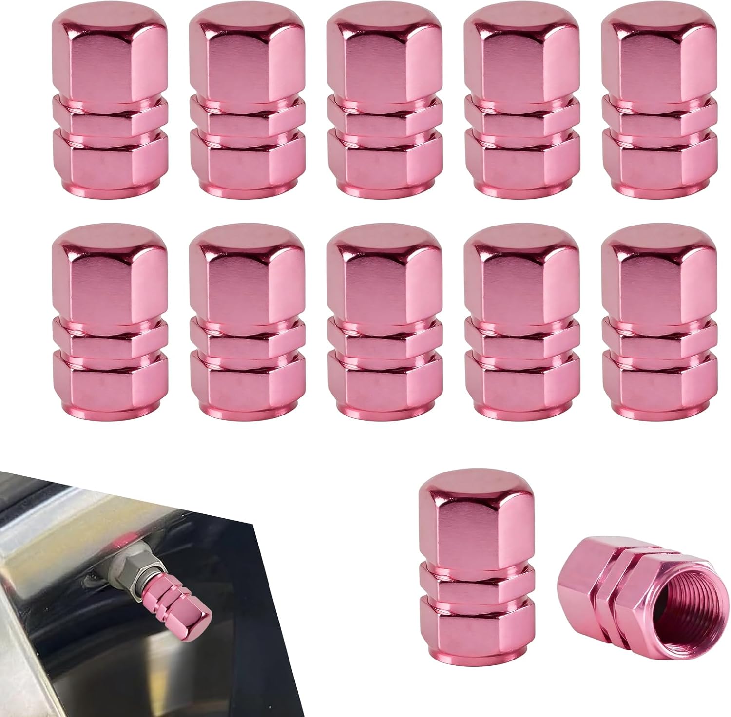12PCS Car Tire Valve Stem Cap Cover, Aluminum Alloy Tire Valve Stem Caps, Auto Valve Cover with Internal Rubber Gasket, Dustproof Hexagon Shape Tire Air Cap, Universal for More Car (Pink)