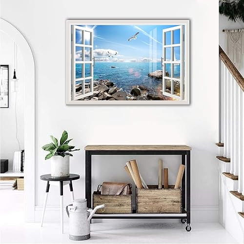 Miniatura 4 de Calcomanía mural removible para ventana falsa 3D, autoadhesiva, imagen de póster de 35 x 24 pulgadas, diseño de mar y sol, despegar y pegar,