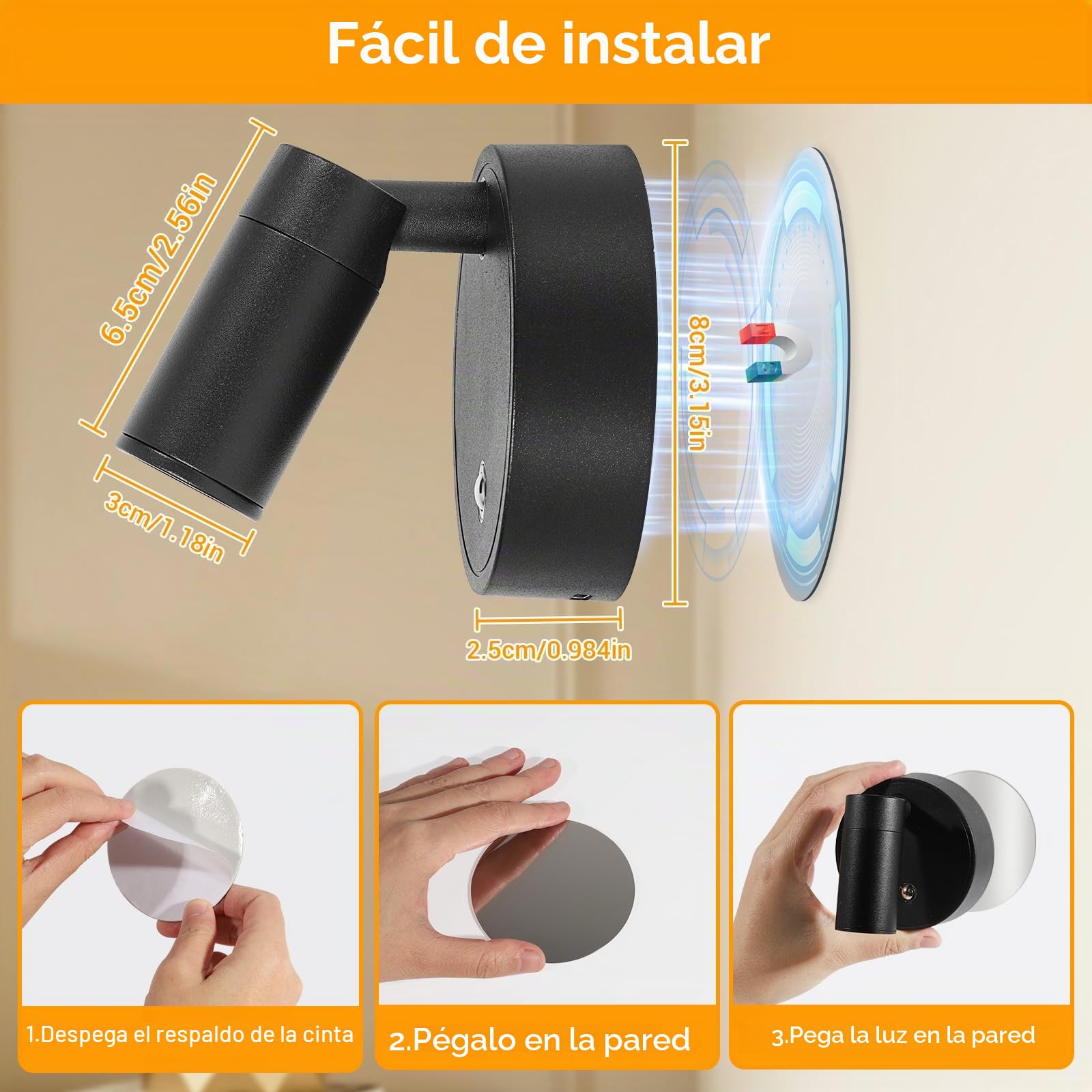 Aplique Pared Interior Regulable, Lampara Pared sin Cable con Control Remoto - 3 Modos de Luz Foco LED con Ajuste de Brillo Ajuste Ángulo 350° para Plantas, Pintura y Obras de Arte, 1 Unidad