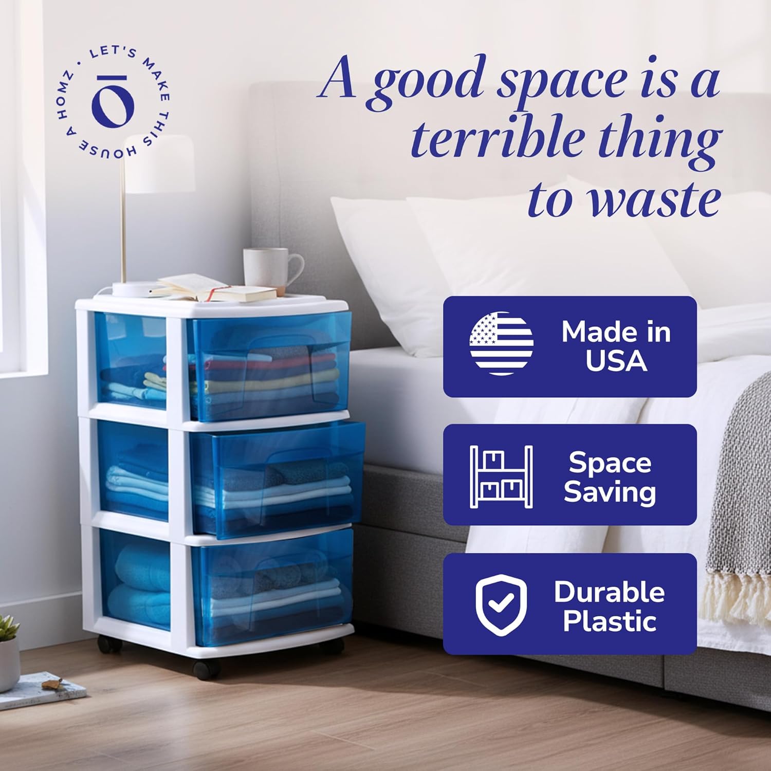 HOMZ Drawer Tower, 3-Tier Clear Blue Plastic Storage Organizer Cart, White Frame - Rolling Drawer Containers with Wheels for Bathroom, Bedroom, Office, and Classroom Organization