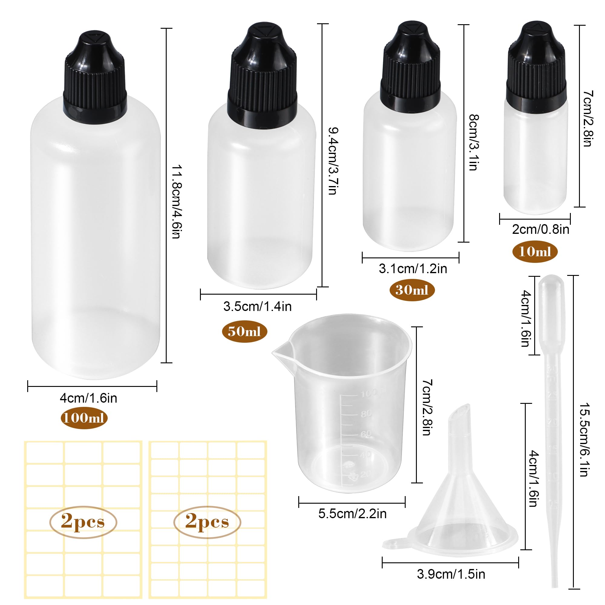YiliYa 20 Pezzi Contagocce Bottiglie,10ml/30ml/50ml/100ml Flaconi Vuoti Plastica Squeezable Liquidi con Imbuto Contagocce et Etichetta