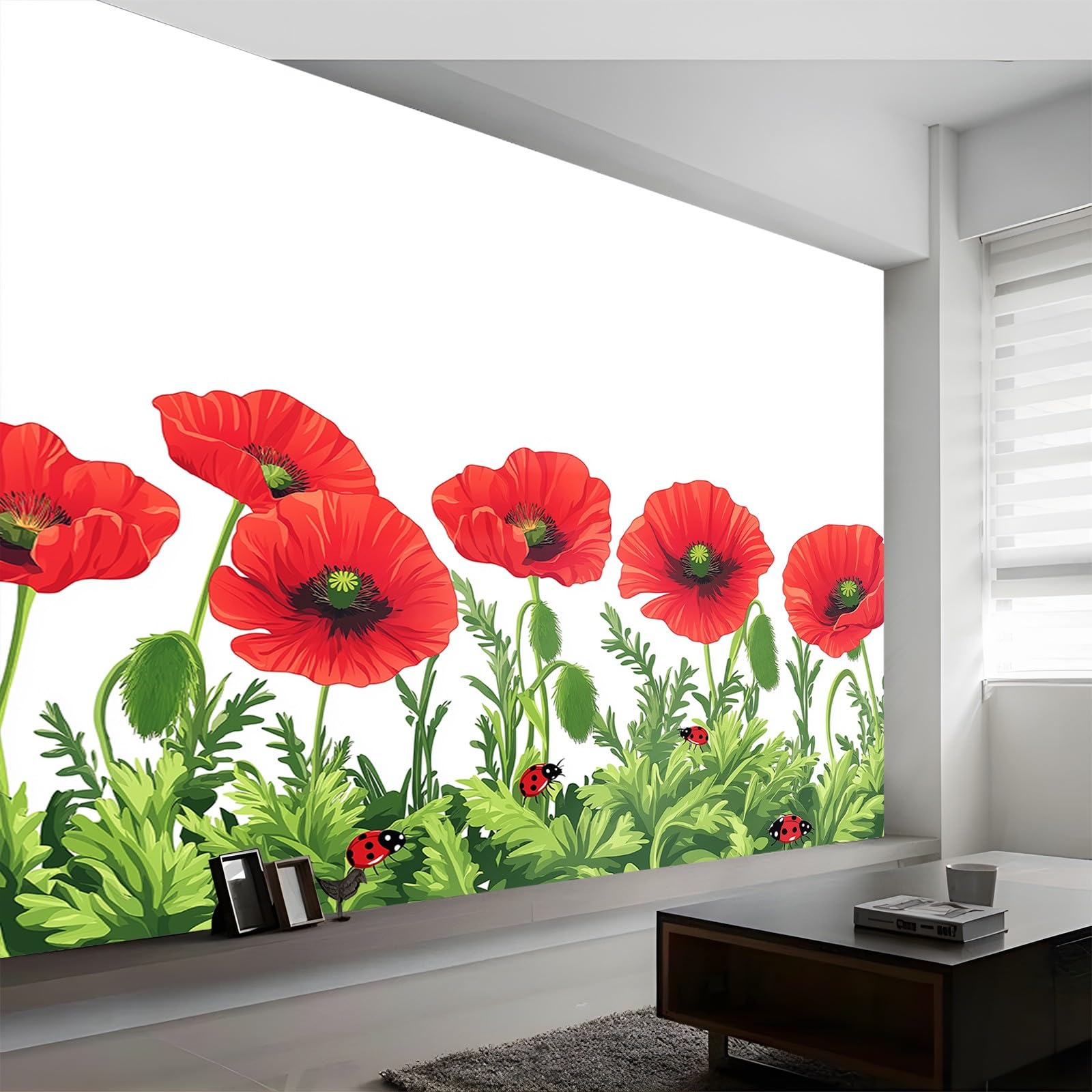 Panoramiczne kwiaty maki owady czerwony zielony 200 x 140 cm (szer. x wys.), nowoczesna tapeta z włókniny do sypialni salonu biura spersonalizowana dekoracja ścienna restauracja pokój dziecięcy