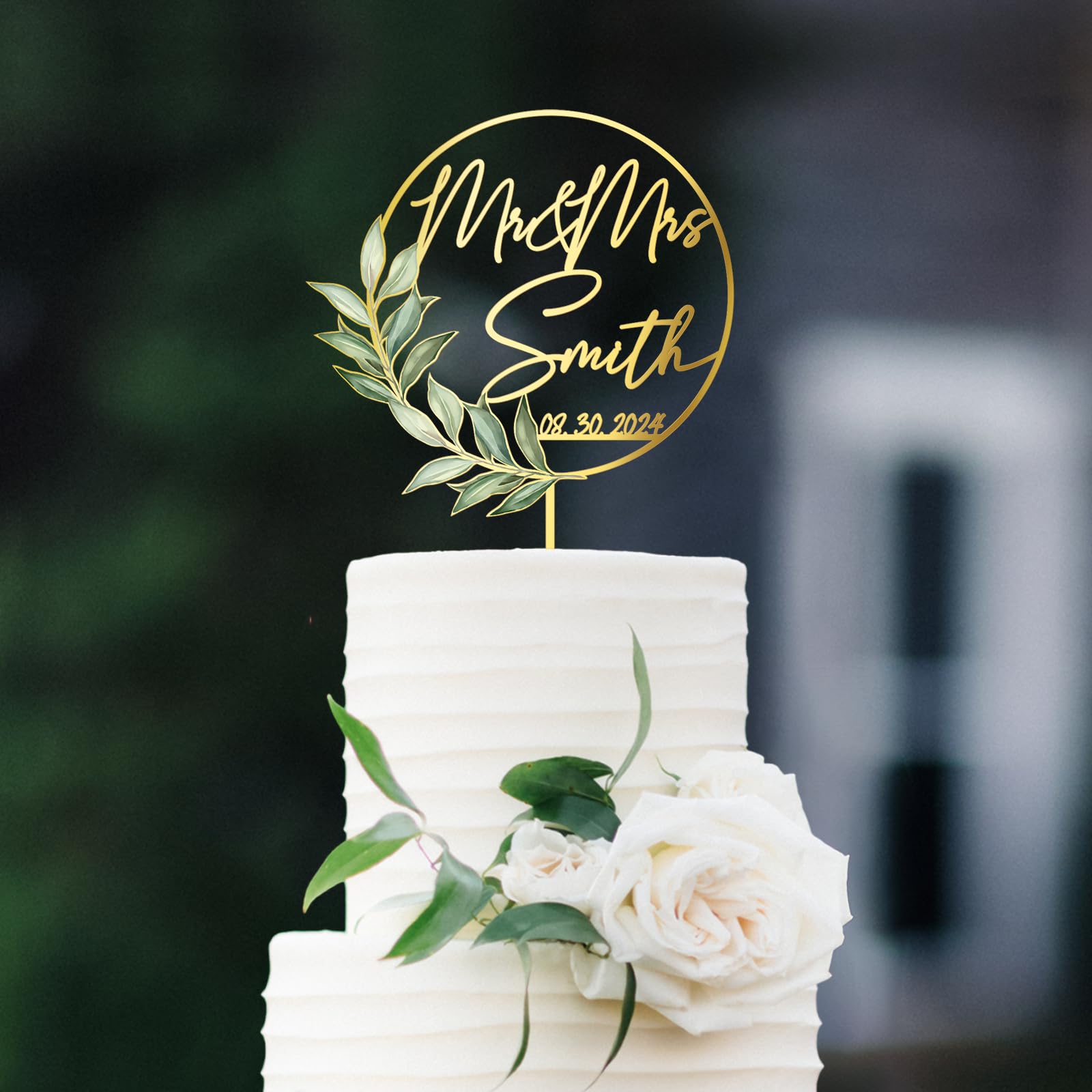 Party to Be Mr & Mrs Wedding Cake Topper with Green Leaves Custom Last Name and Date Personalized Round Frame Cake Decoration in Acrylic